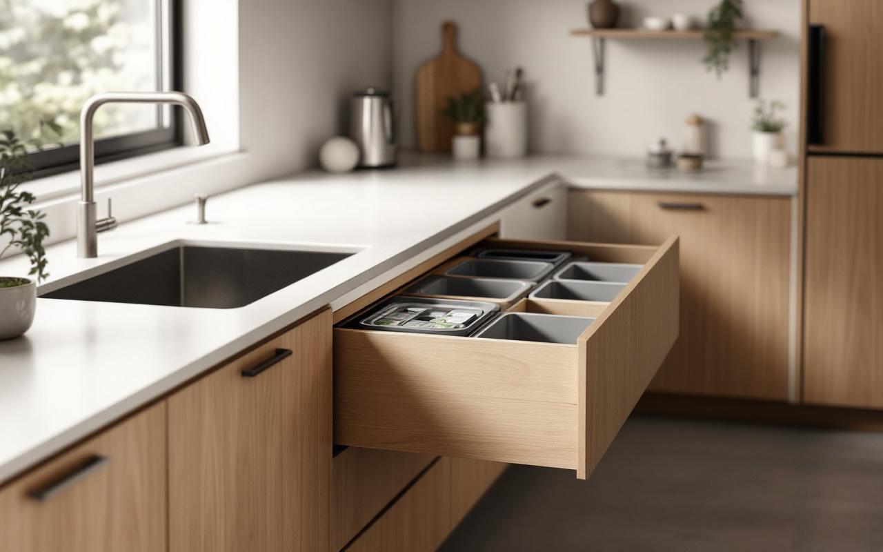 Cuisine moderne et épurée avec poubelle de tri coulissante, bac à biodéchets intégré et plan de travail sans encombrement.